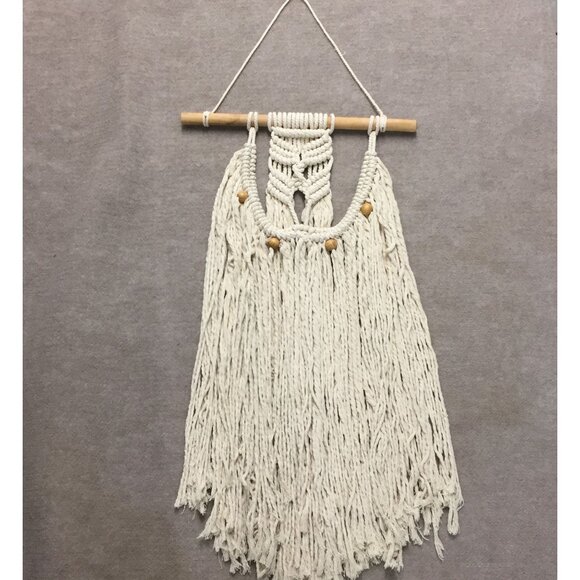 Macrame Wall Hanging Boho Art Decor With Wooden Beads & Rod - Picture 2 of 6